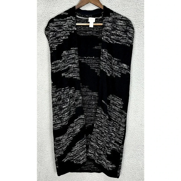 Chico's Cardigan Womens Small Black Open Front Sleeveless Longline Tweed‎ Boho - Picture 1 of 6